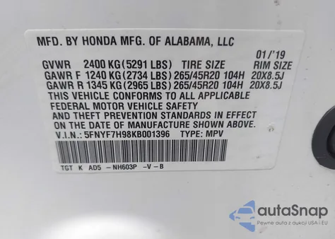 2019 Honda Passport Touring z USA, uszkodzony, nr VIN 5FNYF7H98KB001396